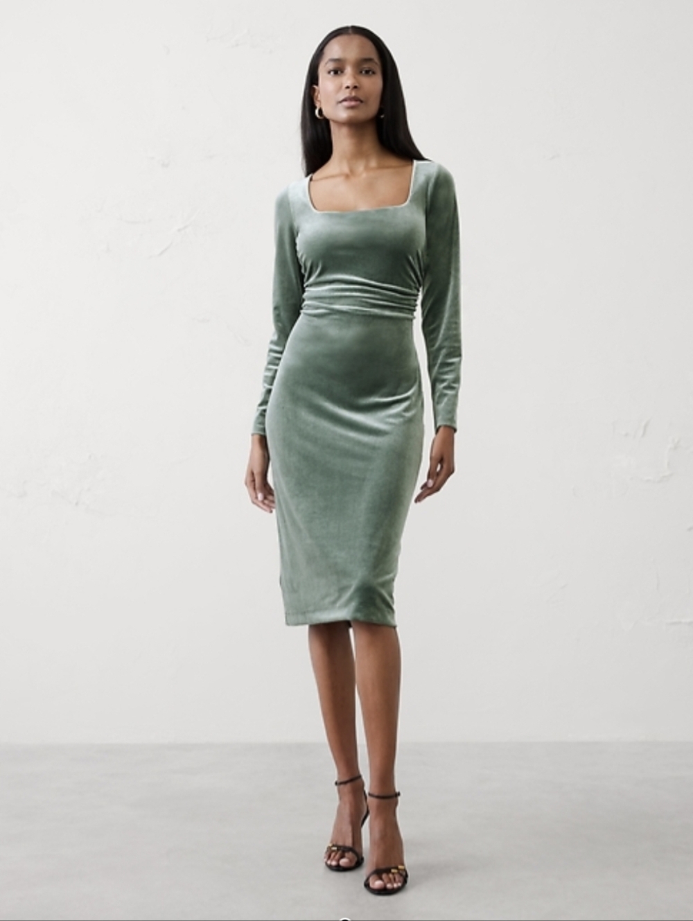 Banana Republic Sage Green Velvet Long-Sleeve Midi Dress